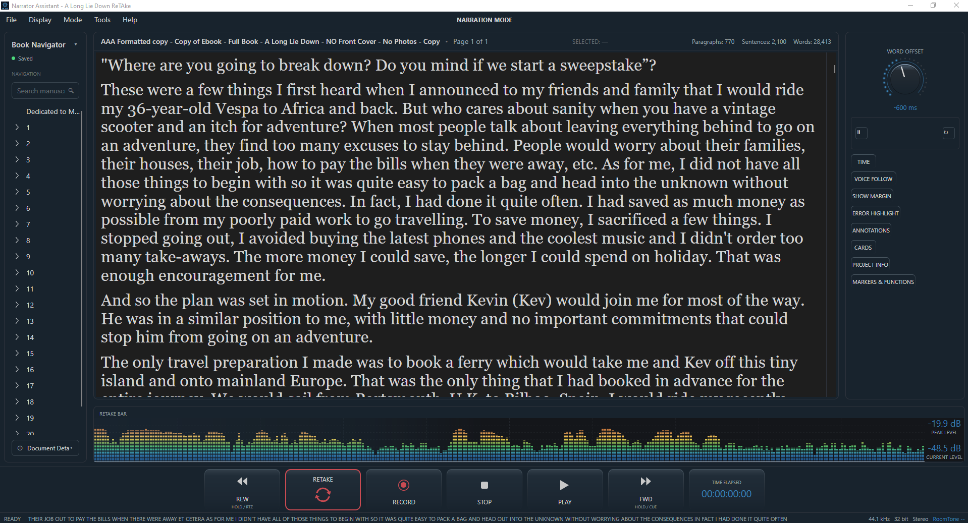 Narration Mode, showing the manuscript alongside narration and recording controls